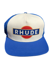 Load image into Gallery viewer, Rhude Split Petrol Logo Mesh Trucker - Blue White - Size OS - Preowned