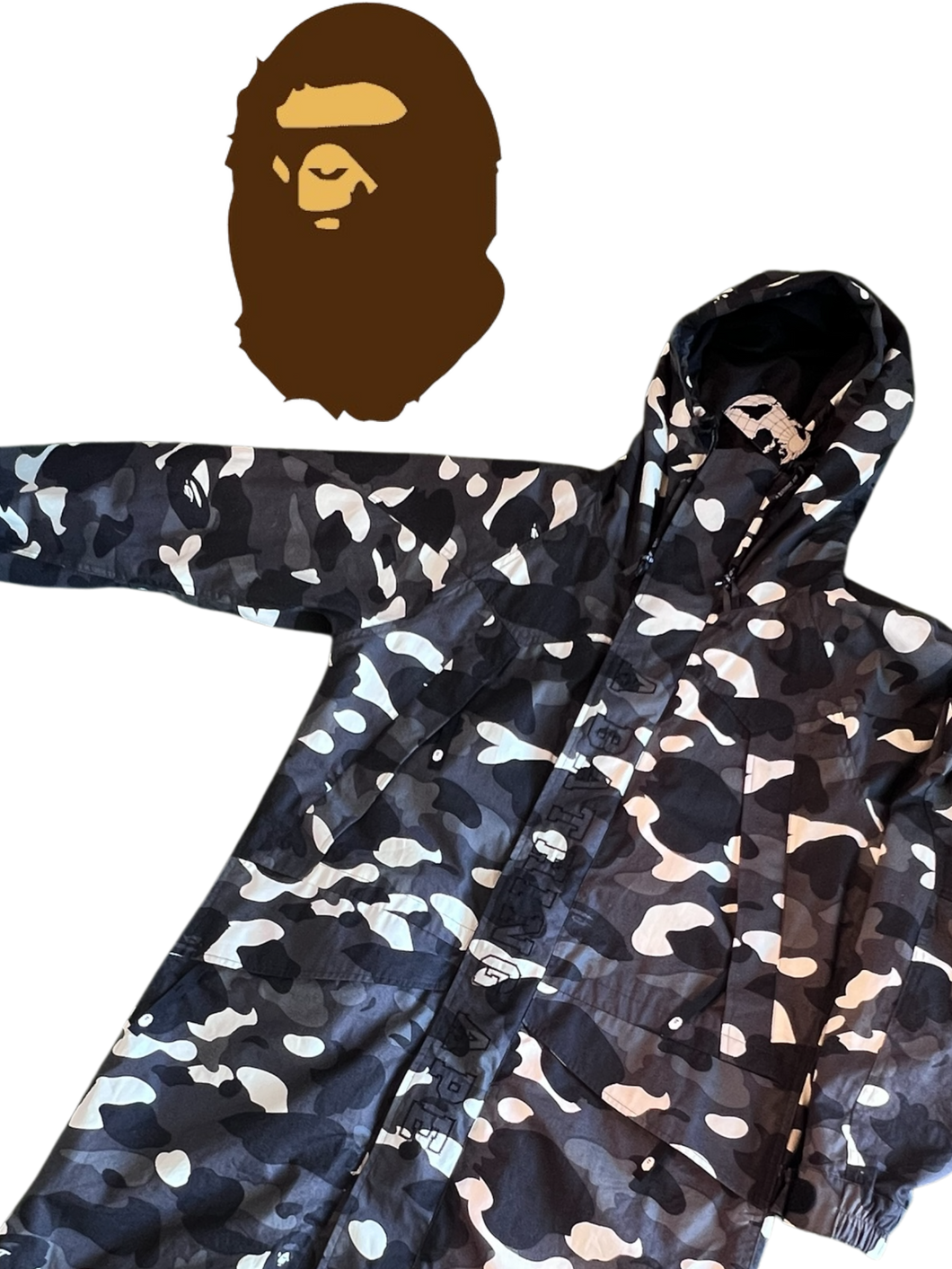 BAPE 1st Camo Long Parka Jacket – Black/White/Gray Size M