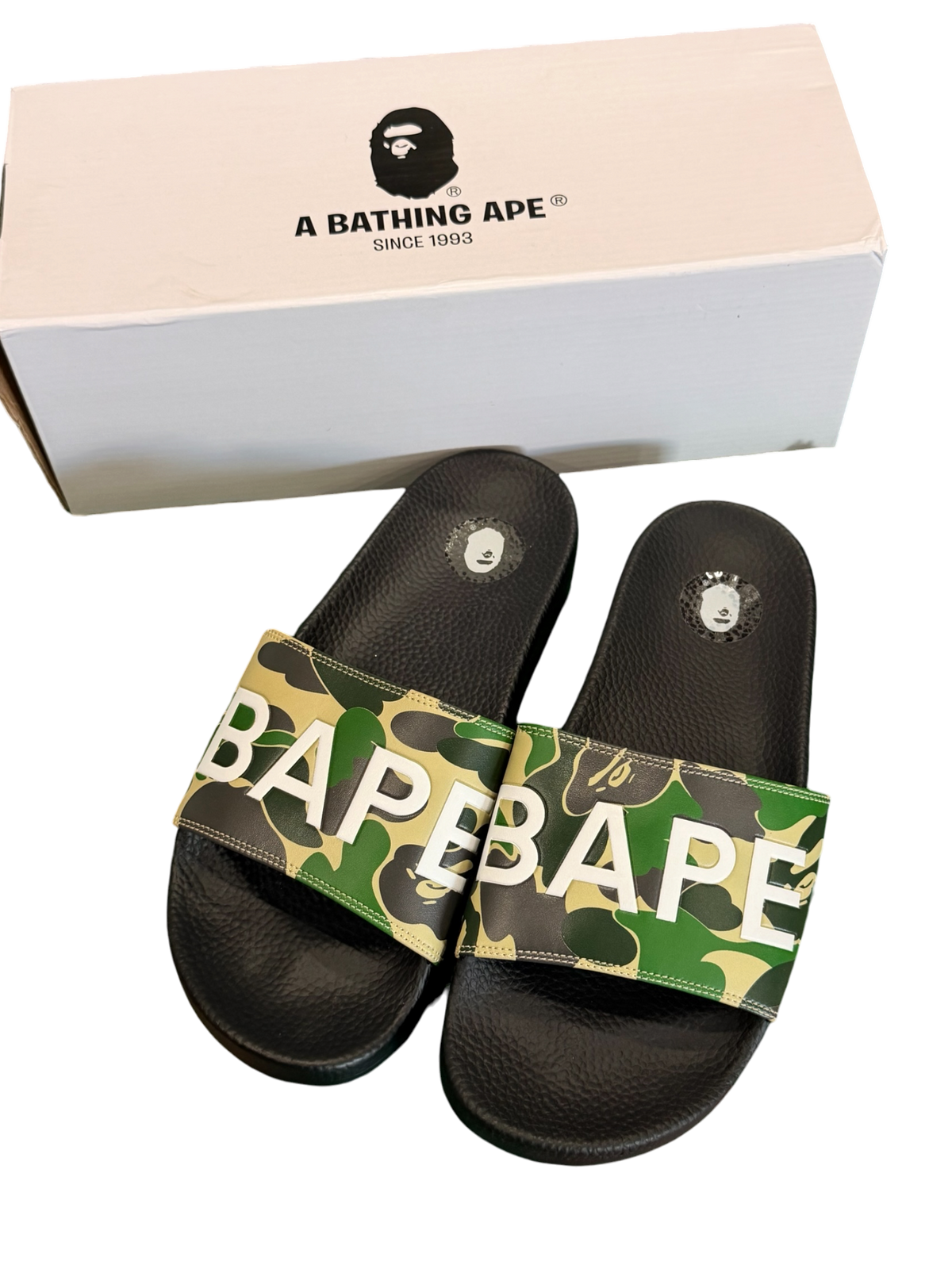 BAPE - Green Camo Logo Slides - Size 8M - Brand New