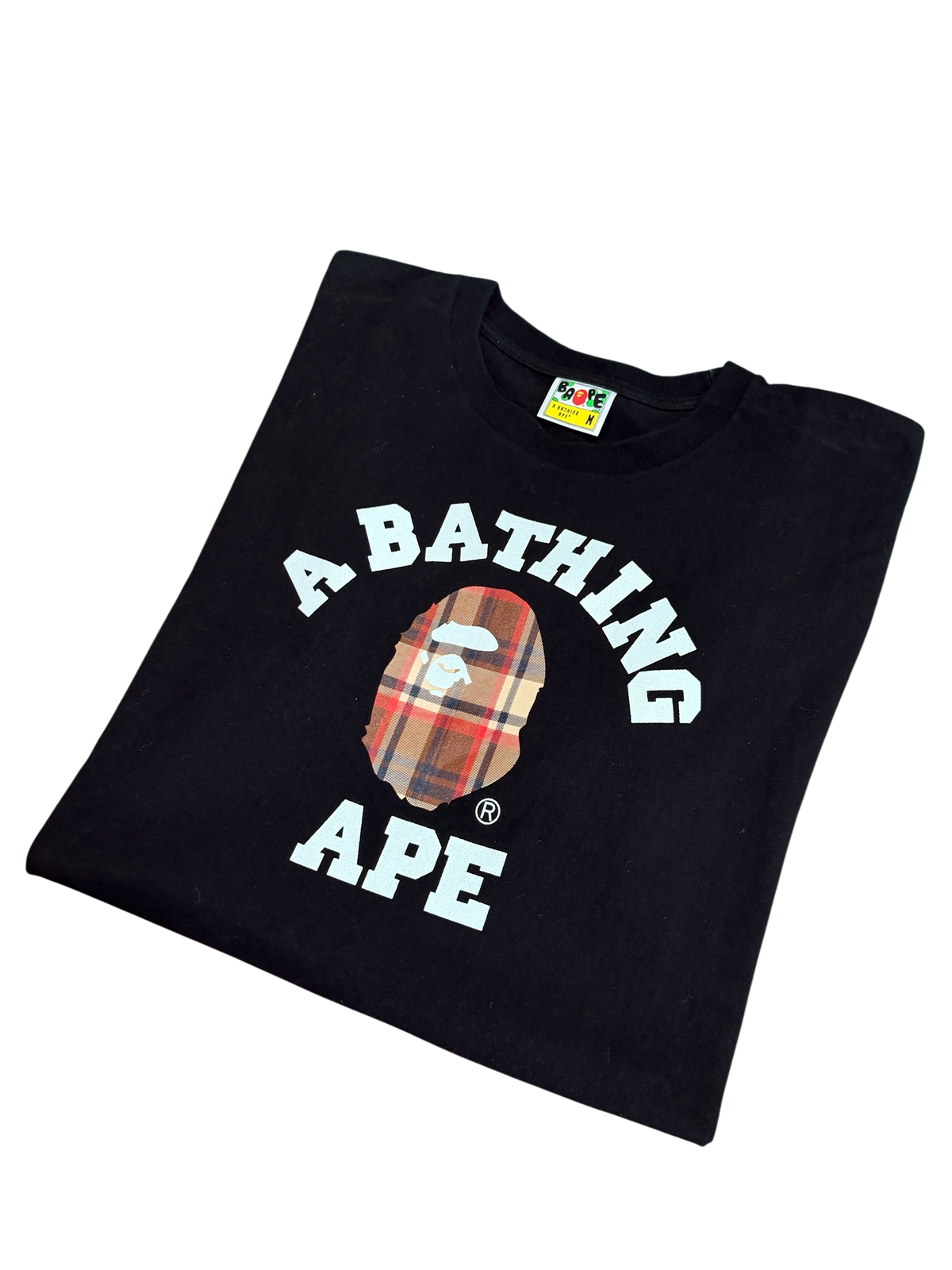 BAPE - Black Burberry Check College Ape Head Tee - Medium -
