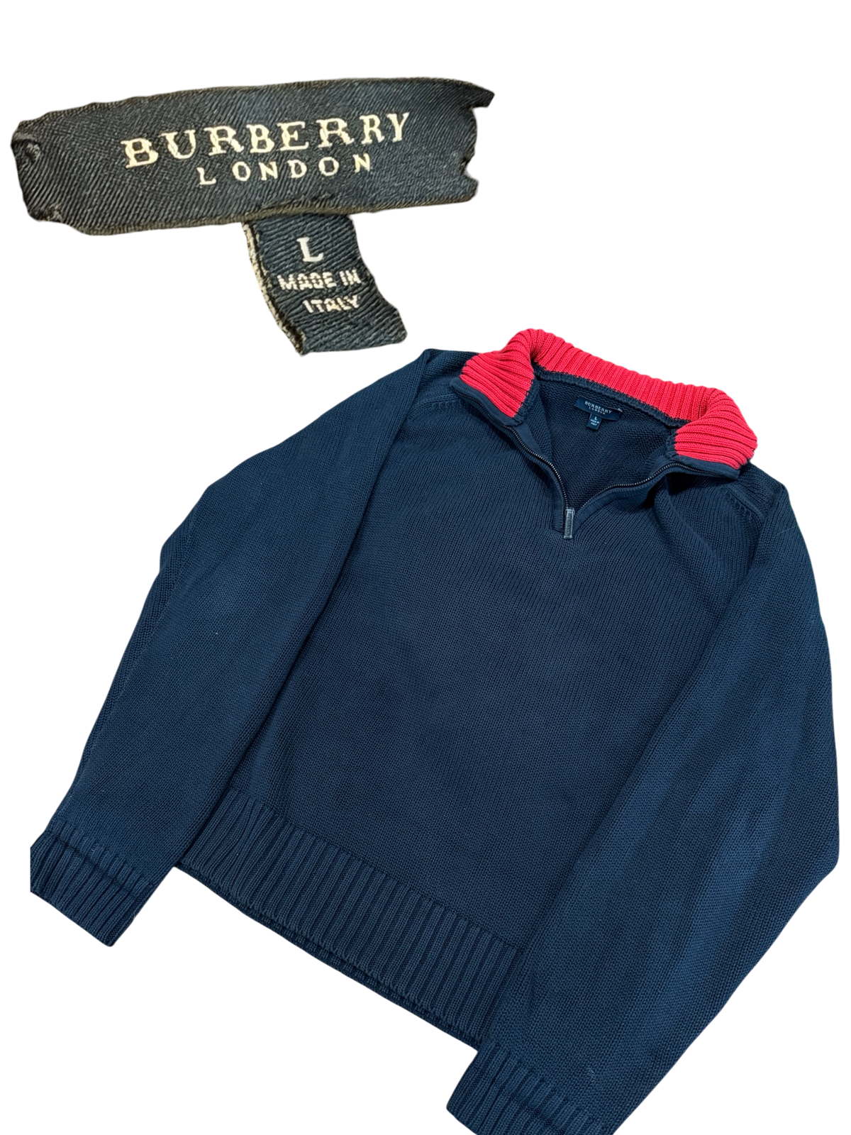 Burberry - Quarter Zip Knit - Dark Navy/Red - Size L - Preowned